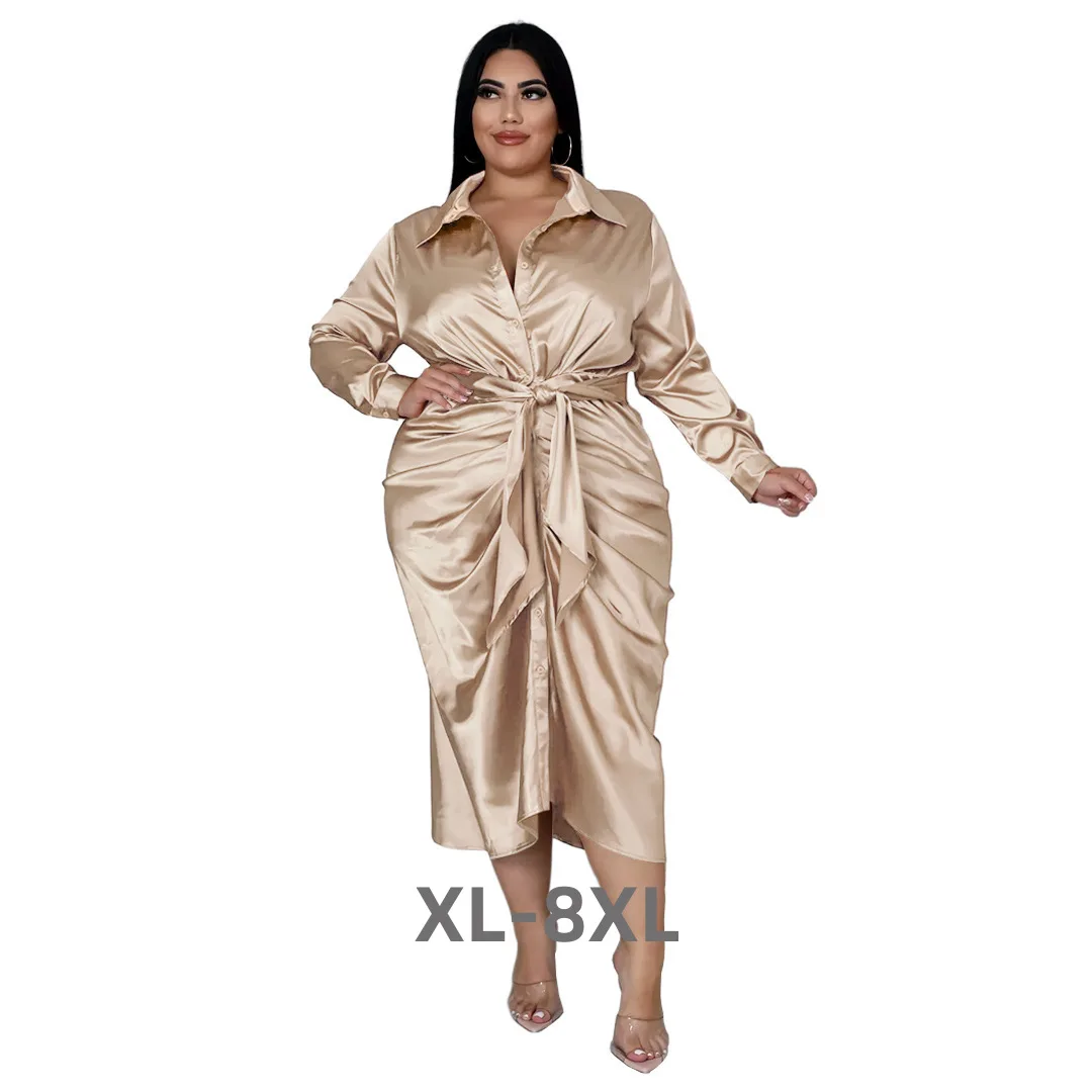 

Plus Size Women Elegant Shirt Dress Long Sleeve Loose Belt Pleated Midi Dresses for Lady Casual Fashion r 3xl 4xl 5xl 6xl