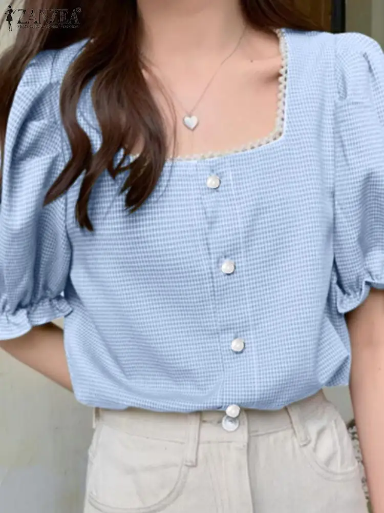 

ZANZEA Elegant Women Plaid Checked Blouses Korean Fashion Lace Trim Buttons Square Neck Blusas Summer Puff Sleeve Tunic Tops