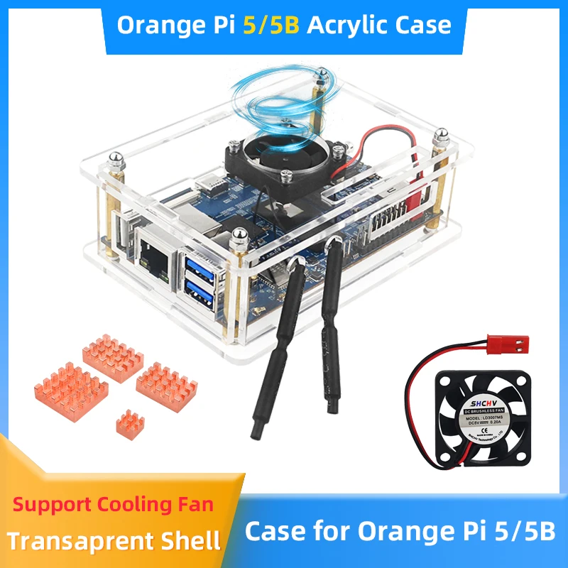 

Orange Pi 5 Acrylic Case Transparent Shell Optional Cooling Fan Heat Sink Power Supply SD Card for Orange Pi 5