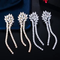 sparkling white cubic zircon long dangle tassel drop earrings dubai indian gold color women wedding jewelry