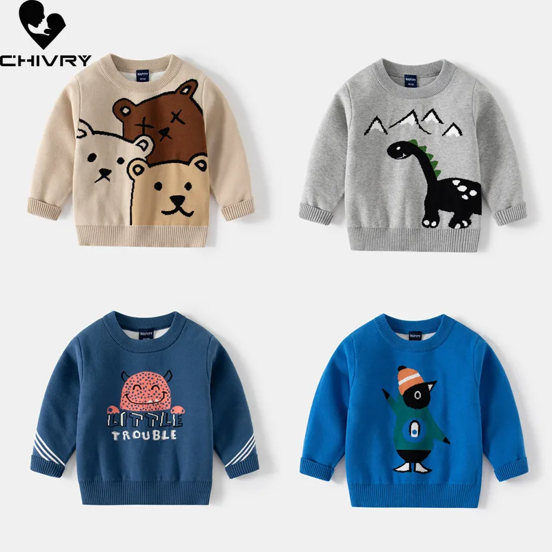 

Пуловер детский осенне-зимний, свитер с мультяшными животными для мальчиков, жаккардовый плотный трикотажный джемпер с круглым вырезом, свитеры, топы, детская одежда