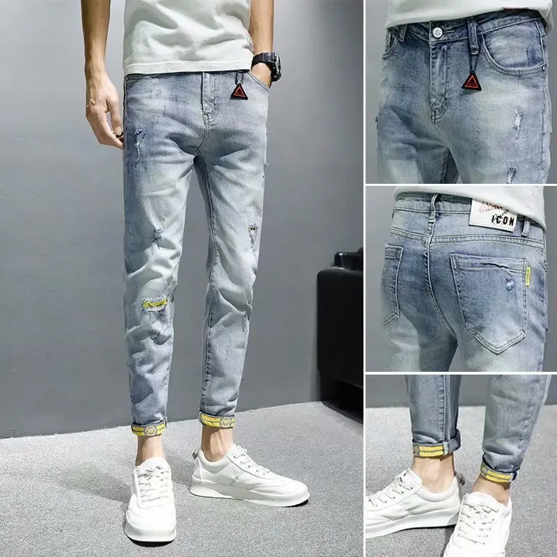 Men Jeans Korean Style Jeans Summer Solid Color Slim Fit Denim Ankle-Length Pants Men Mid Waist Button Ripped Denim Pencil Pants