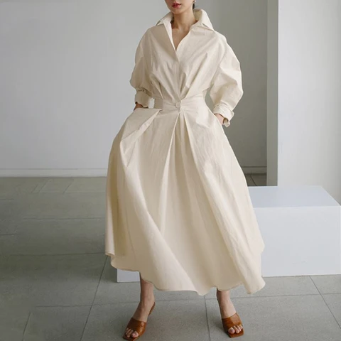 Summer Women's Dress Fashion Commuter Solid Color Women's Retro Lapel Elastic Waist Shirt Long Sleeve Big Swing Women's Dress