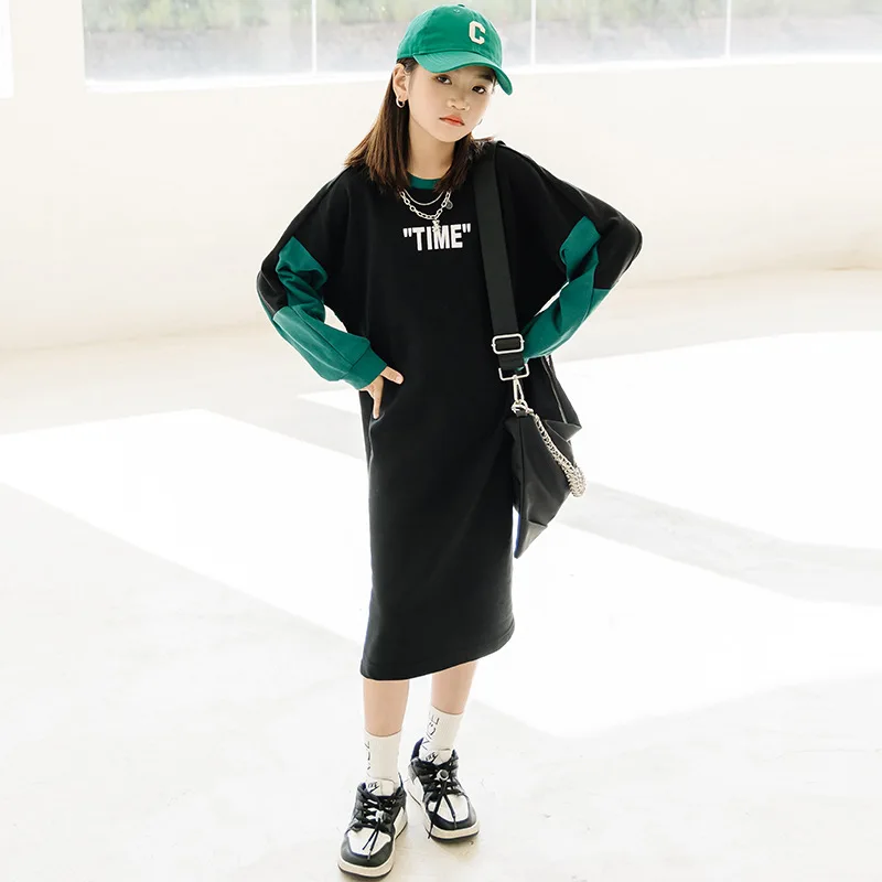 

Детские платья для девочек на весну 2023, модное свободное повседневное Спортивное платье с надписью, комбинированный костюм для школьников ...