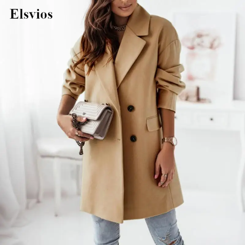 

Autumn Winter Fashion Office Lady Overcoat Solid Casual Long Sleeve Women Coats Elegant Lapel Double-Breasted Loose Outwear Tops