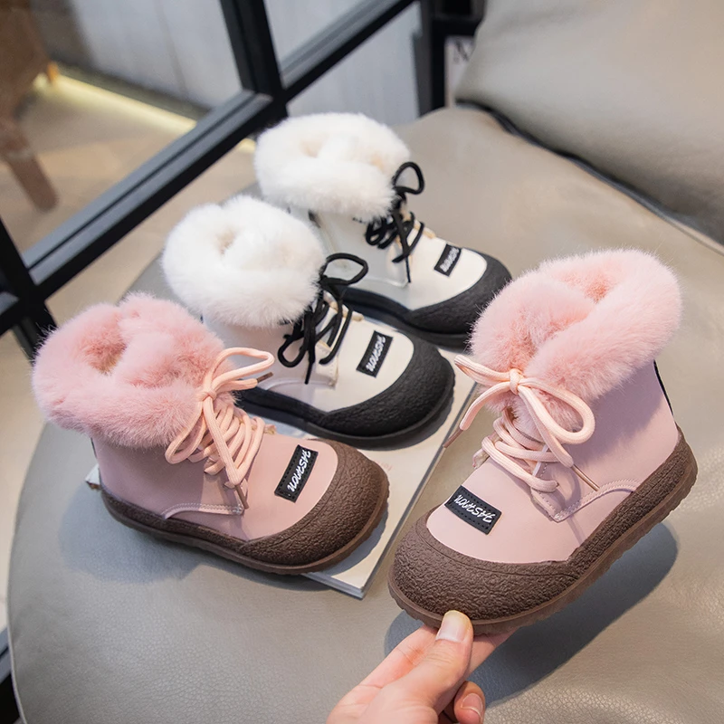 

2023 New Girls Boots Plush Warm Pink Fashion Kids Leather Boots Non-slip Platform Children Casual Short Boots for Boys Korean
