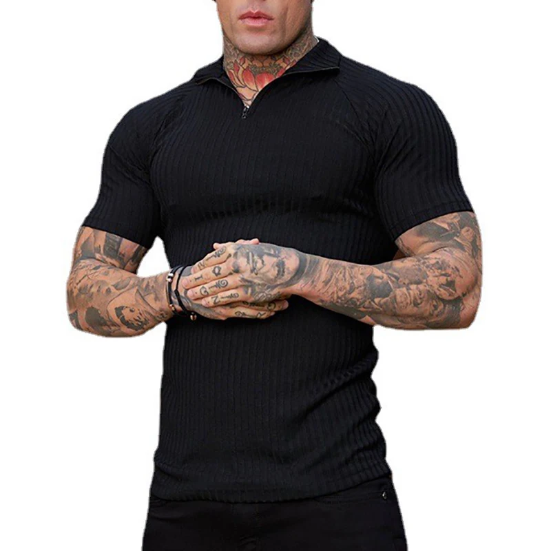

New Fashion Mens Short Sleeve T-shirt Summer Stripe Fitness T shirt Mens Stand Collar Streetwear Knitted Gym Clothing Tee Shirt