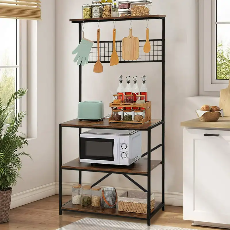 

4 Tier Baker's Rack for Kitchens Rack Storage Shelf Cart with Hanging Hooks Brown