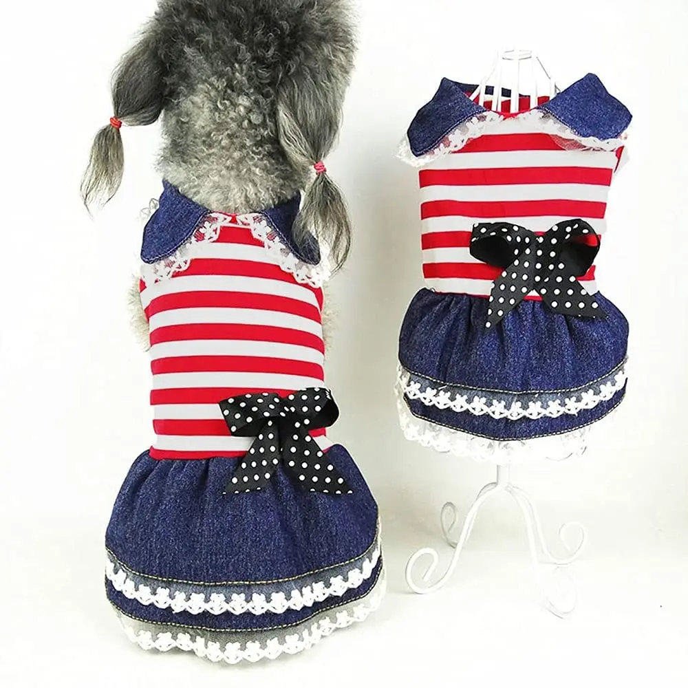 

ATUBAN Pet Dog Dress Cute Puppy Skirt Girl Vest Dresses Stripes with Denim Elements of Dog Cats Small Pet Dress Doggies