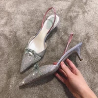 2022 new spring and summer rhinestone pointed toe toe sandals stiletto hollow elastic strap high heels wedding shoes