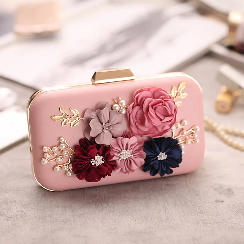 

Wedding Bride Clutch Flowers Decoration Girls Party Clutches Bags Applique Pink Bridal Purse Evening Bag for Women