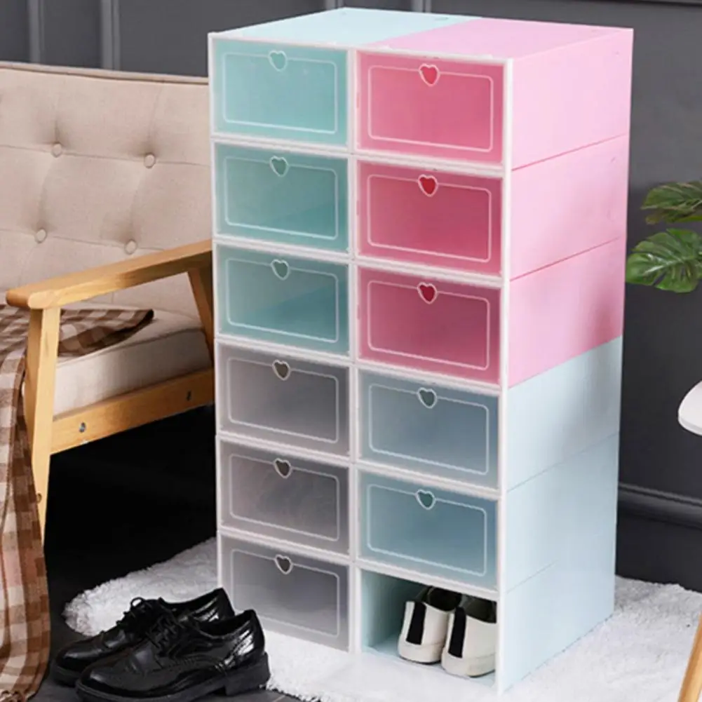 

2Pcs Shoes Box with Heart Pull Ring Easy Assembly Plastic Drawer Type Shoes Case Storage Shoe Organizer Stackable Storage Boxes