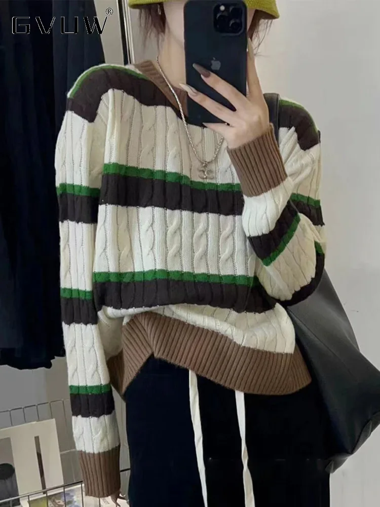 

GVUW Contrast Color Striped Sweater For Women Twists O-neck Long Sleeve Casual Loose Pullover Top Female Autumn 2023 New 17G2461