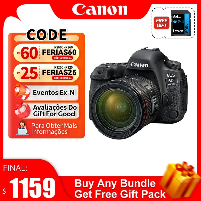 Цифровая компактная полнокадровая камера Canon EOS 6D Mark II, профессиональная фотокамера с высоким разрешением, с объективом EF 24-105 мм IS USM 6D2