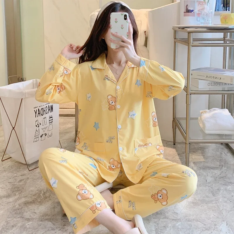 Женские осенне-зимние плотные хлопковые брюки с длинными рукавами пижамный