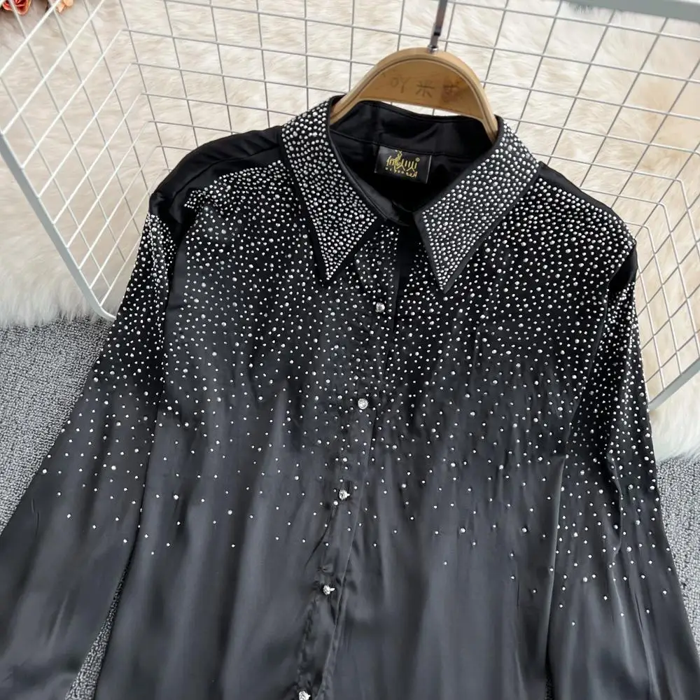 

Women Hot Drilling Diamonds Satin Shirts Thin Beaded Chiffon Blouses OL Single-breasted Sequined Cardigan Faux Silk Tops Blusas