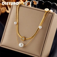 dieyuro 316l stainless steel roman numeral large pearl pendant necklace for women fashion girls 2in1 clavicle chain jewelry gift