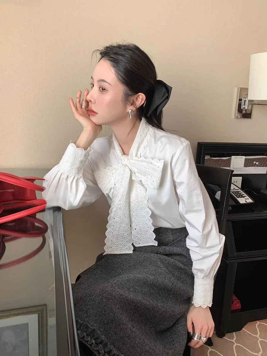 Французские нижные кружевные белые рубашки для женщин 2024 осень и зима новая