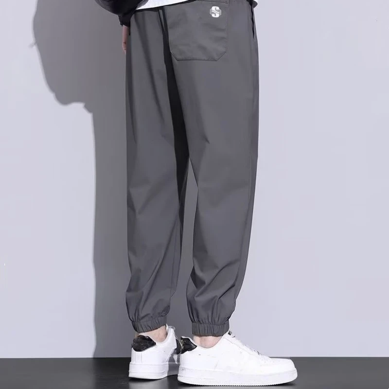 Новинка мужские Модные брендовые брюки из ледяного шелка свободные спортивные с