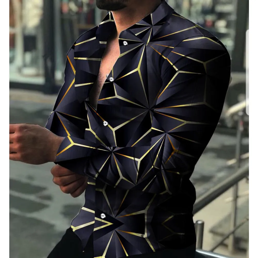 Men's Lapel Gradient Print Casual Slim Fit Long Sleeve Shirt