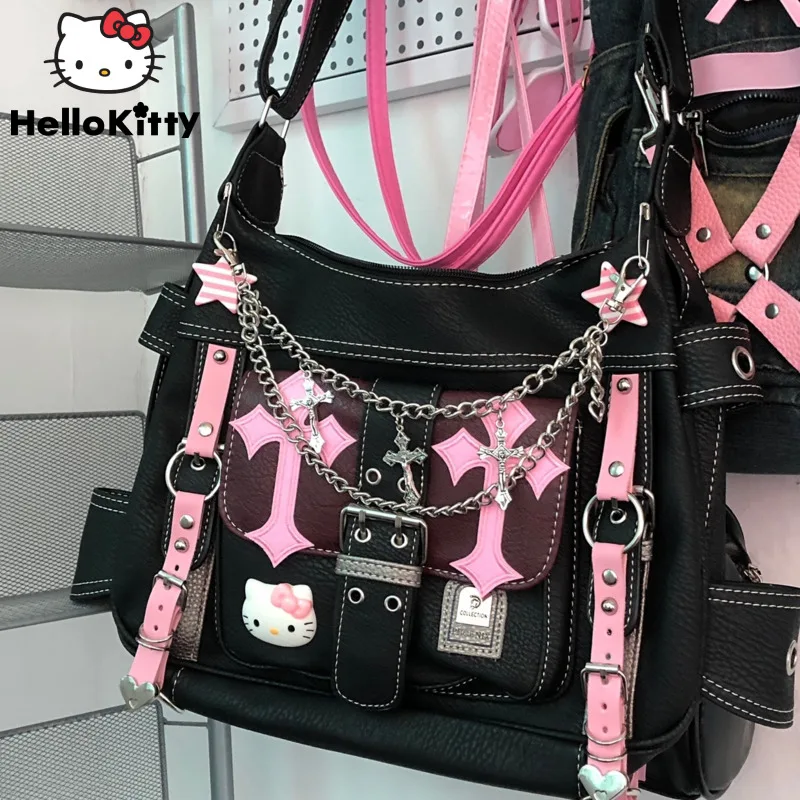 Sanrio Hello Kitty Gothic Punk Vintage Pink Cross Chains Crossbody Bags For Women Hot Girl Handbag Y2k Trend Tote Bag