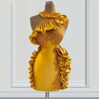 golden satin lace applique one shoulder ruffled ball gown formal party cocktail dress