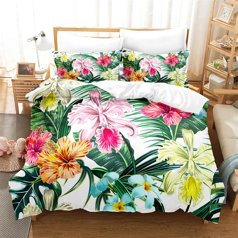 

Microfiber Flamingo Birds Comforter Cover For Kids Teen Adult Palm Leaves Duvet Cover Queen Hawaiian Tropical Floral Bedding Set