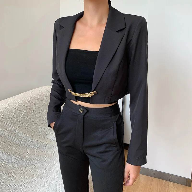 Punk Style Women Blazers Casual Metal Chain Black Suit Vintage Autumn Long Sleeve Blazer Korean Fashion Streetwear Cropped Tops