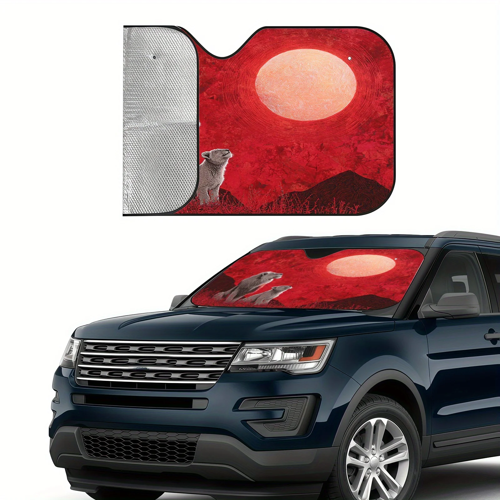 Фото Солнцезащитный козырек для автомобиля Red Moon Lion Shadow, в художественном стиле масляной живописи, с теплоизоляцией и защитой от солнца, сохраняет прохладу в салоне автомобиля. №2