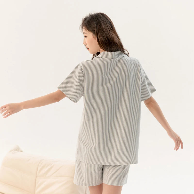 Summer Pajamas Women's Cool Feeling Striped Short-sleeved Cardigan Comfortable Home Wear Home Service Suit Comfortable Sleepwear