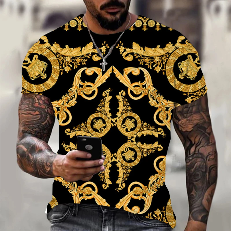 

European size Man tshirt 3D luxury Baroque style print Man brand T shirts Fashion Men Short Sleeve kids T-shirt wholesaler