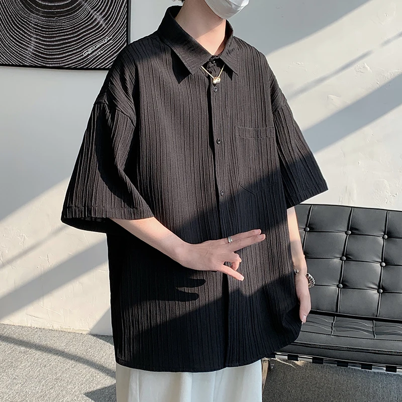 

Blouse Lapel Silk Summer Ice Casual Men Vertical Loose Sleeve Stripe Shirts Camisas Told Top Tale Shirt Clothing Men Short