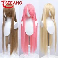 seeano synthetic cosplay wigs with bangs 40 inches super long straight blue golden red black white purple pink green brown wigs