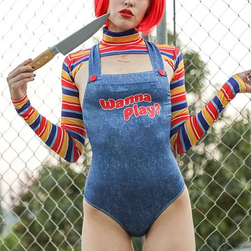 

Women Halloween Costumes Scary Nightmare Killer Doll Wanna Play Movie Character Bodysuit Chucky Doll Costume Set