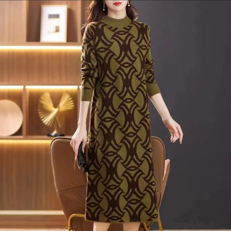 

Женское трикотажное платье-свитер, винтажное универсальное свободное теплое платье с длинным рукавом и высоким воротником, Осень-зима 2023
