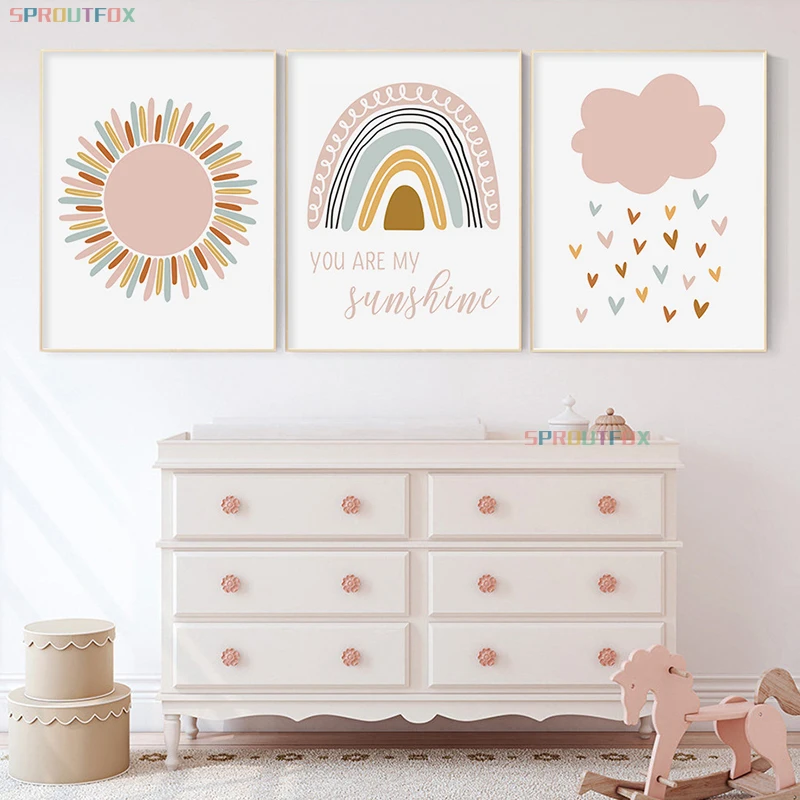 Настенные плакаты для детской комнаты с рисунком солнца радуги и облаков