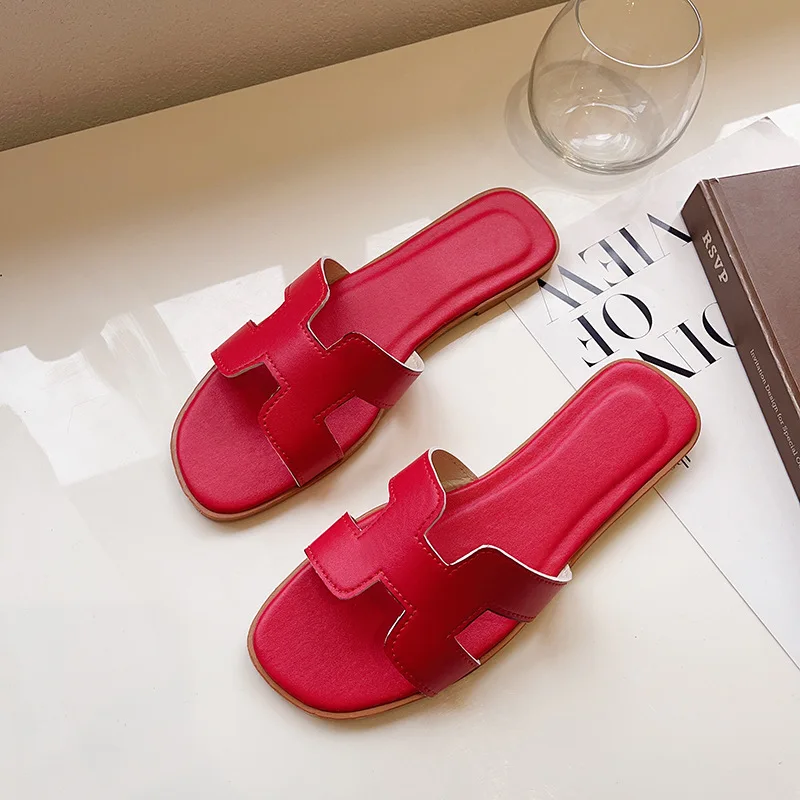 

Shoes Women Slippers 2022 Summer Flat Sandals Square Head Flat Heel Female Fashion Outdoor Beach Women's Slides Sandals