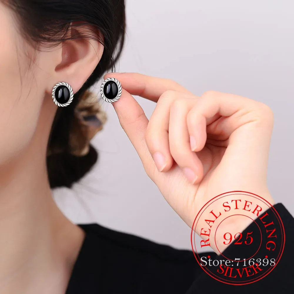 Женские серьги-гвоздики из серебра 925 пробы с натуральным черным ониксом