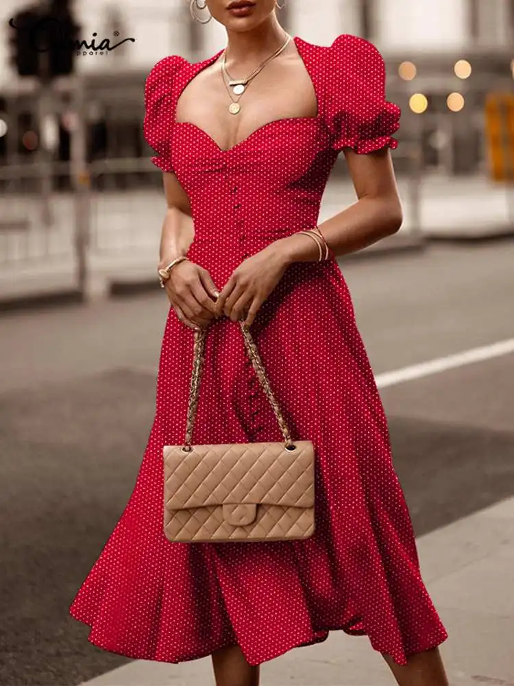 

Celmia Elegant 2022 Summer Robe Sexy Polka Dot Vintage Heart Collar Party Long Dress Slim Women Puff Short Sleeve Midi Vestidos