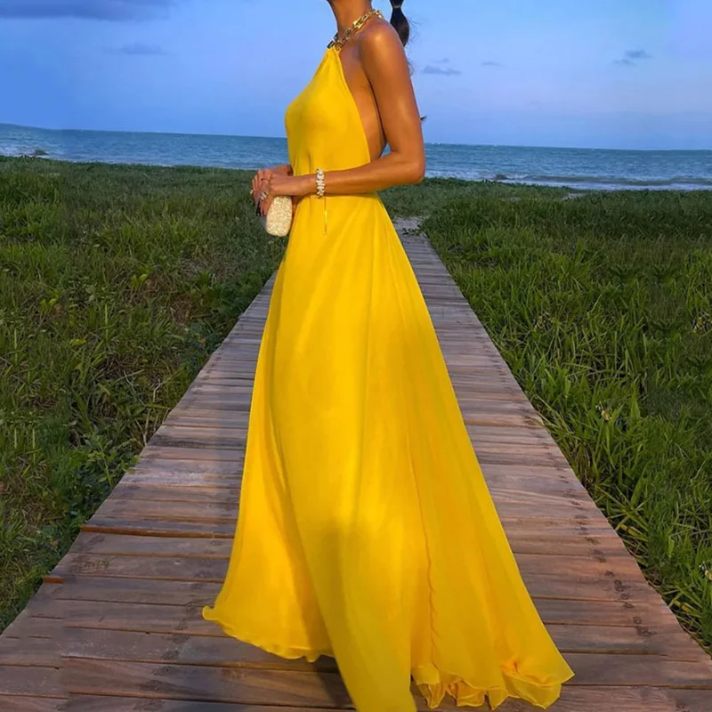 

Fashion Metal Chain Halter Satin Long Dress Women Elegant Off Shoulder Sleeveless Party Dress Sexy Backless Solid Evening Dress