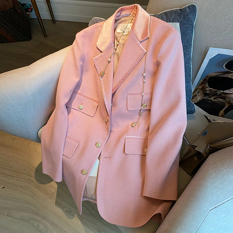 2022 Spring Clothes Heavy Industry Velvet Pink Blazer Coat Women Fashionable Stitching Suit Tops Vintage Office Outerwear Female