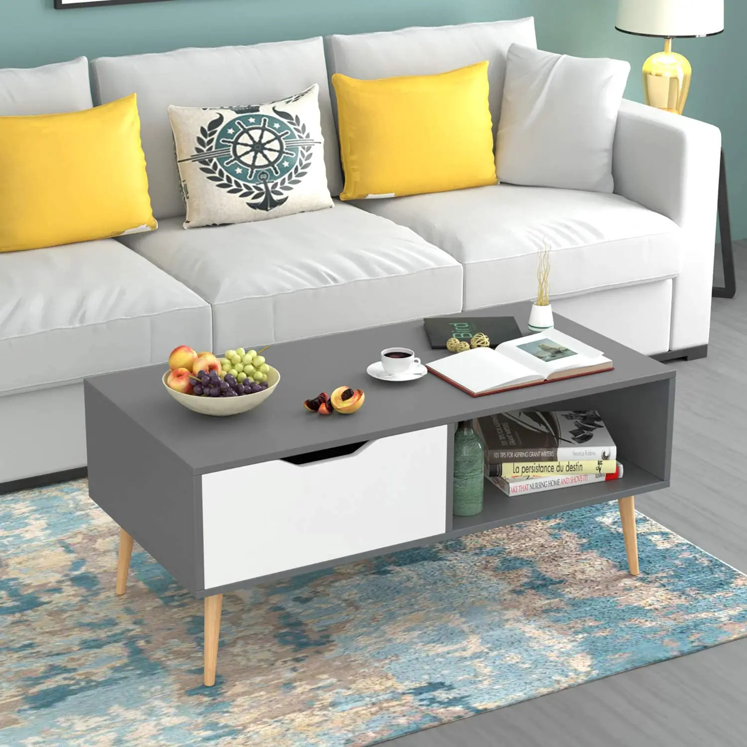 

Wooden Coffee Table Living Room TV Stand W/Storage Drawer Tea Sofa Table Gray