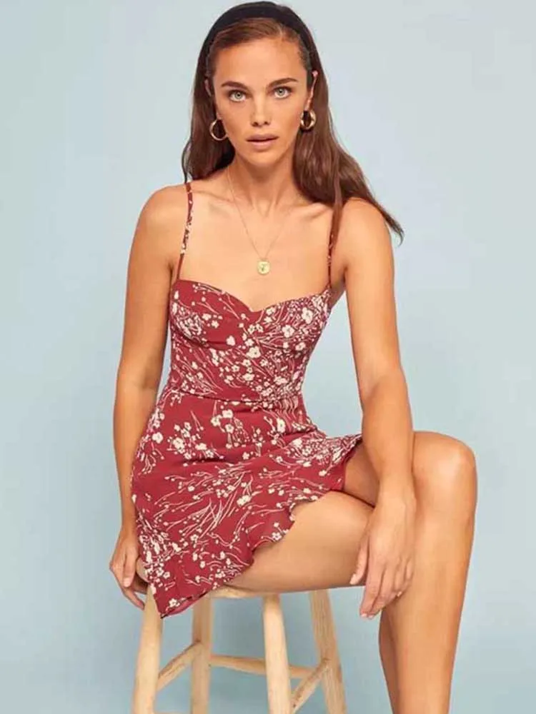 

Women's Mini Dress Red Summer Robes Casual Suspenders Printing Dresses for Women 2022 New Simple Ladies Vestidos Spaghetti Strap
