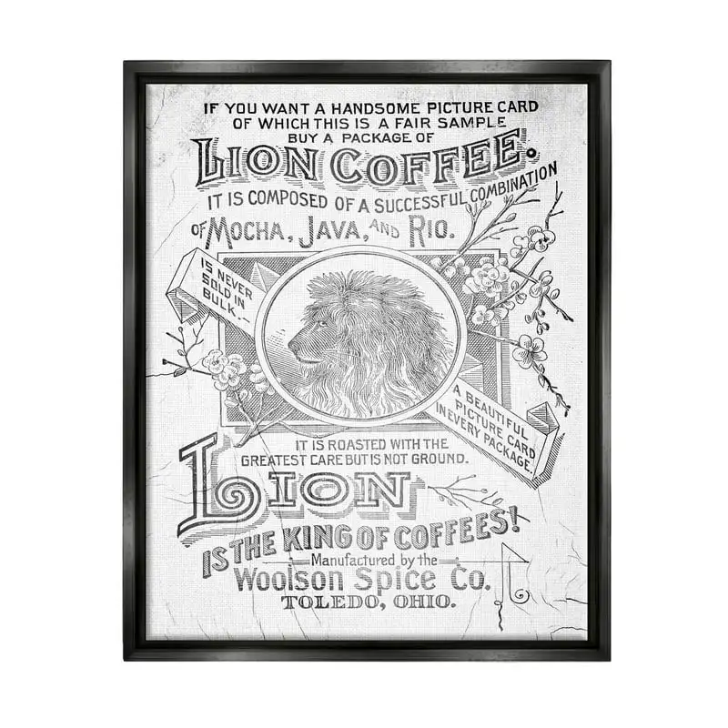 

Industries Vintage Lion Coffee Poster Graphic Art Jet Black Floating Framed Wall Art, Design by Lil' Rue