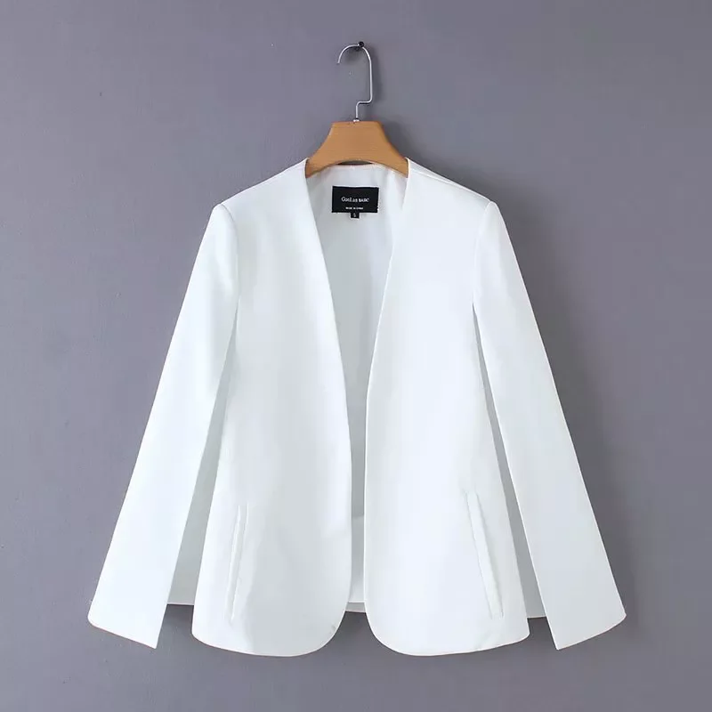 

2019 Women elegant black white color v neck split casual cloak coat office lady wear outwear suit jacket open stitch tops CT237