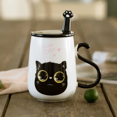 

Симпатичные керамические кружки с мультяшным котом, кружка с крышкой и ложкой, креативная чашка для молока, кофе, чая, фарфоровые кружки, под...