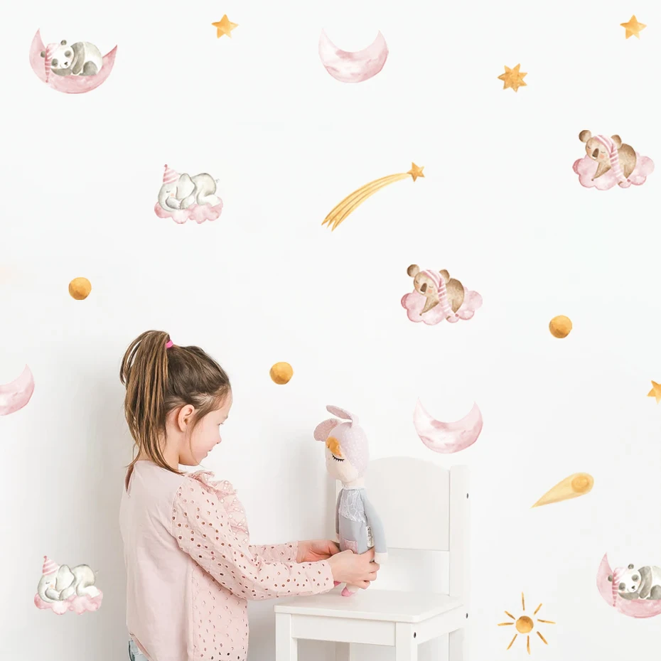 

Cartoon Elephant Panda Sleep on Moon Stars Pink Watercolor Wall Stickers Girls Bedroom Decor Vinyl Wall Decals Print Home Decor