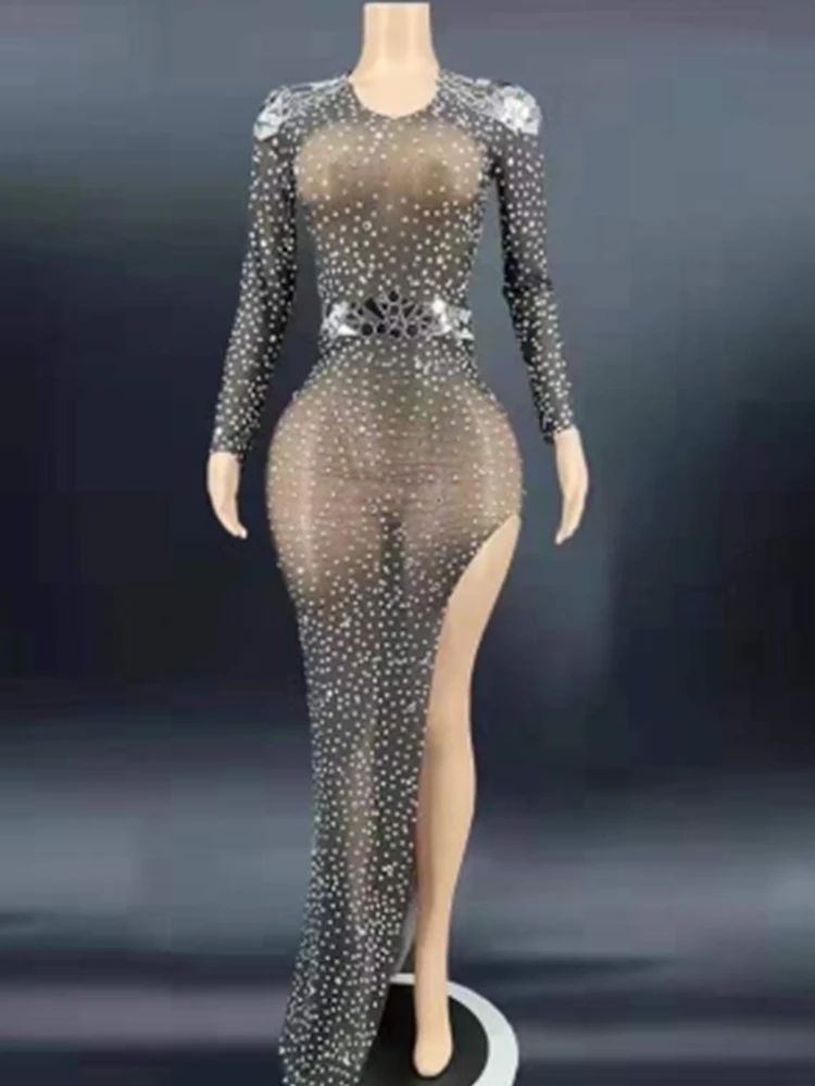 

Черное прозрачное блестящее длинное платье с блестками с разрезом для женщин вечерние праздничные тканевые костюмы для сцены певицы