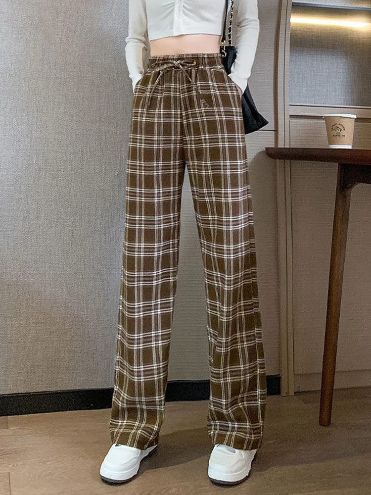 

Streetwear Brown Plaid Pants Women Korean Style Loose High Waist Straight Baggy Wide Leg Pant Large Size