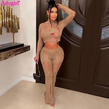 Adogirl Holes Hollow Out Knitted Two Piece Set Women Sexy See Through Long Sleeve Crop Top Elastic Flare Pants Clubwear Suits 1